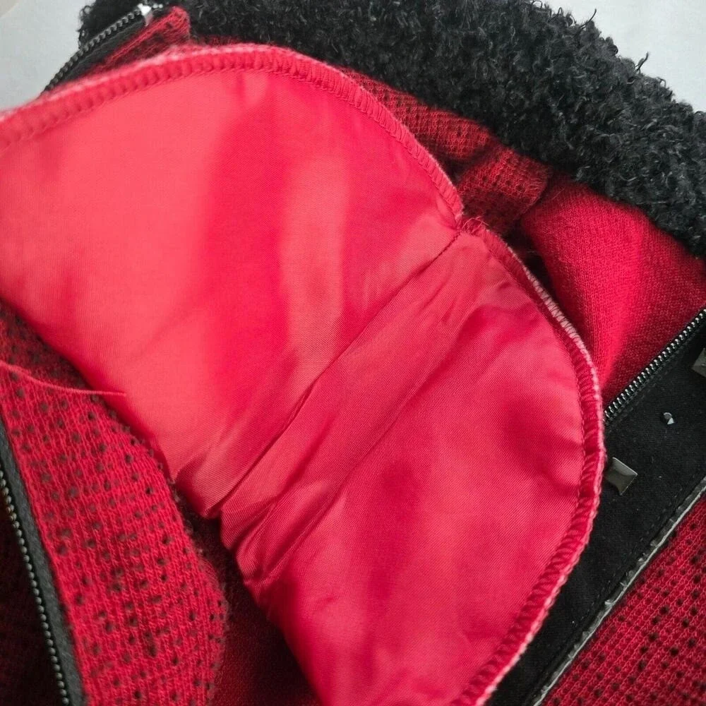 Nancy Bolen Petites City Girl Red Black Studded Skirt Suit Set Faux Fur Trim 90s